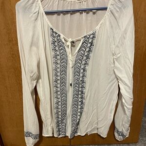 Women's White and Navy Embroidered Top